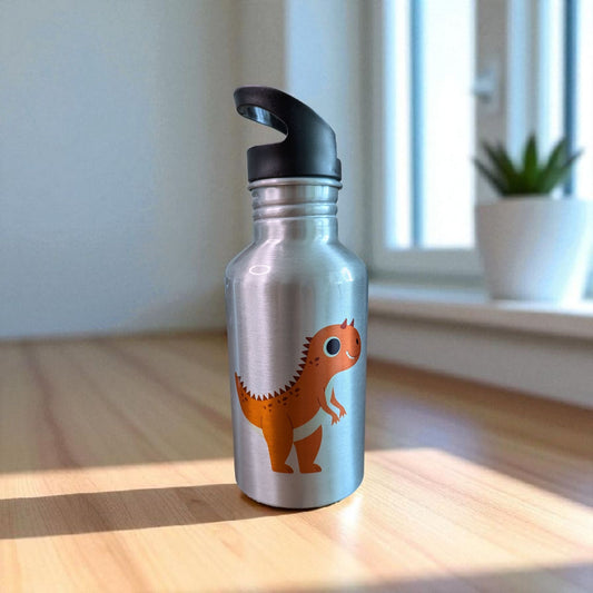Aluminium-Trinkflasche mit Dino-Motiv (Orange) – Handgemacht & Spülmaschinenfest