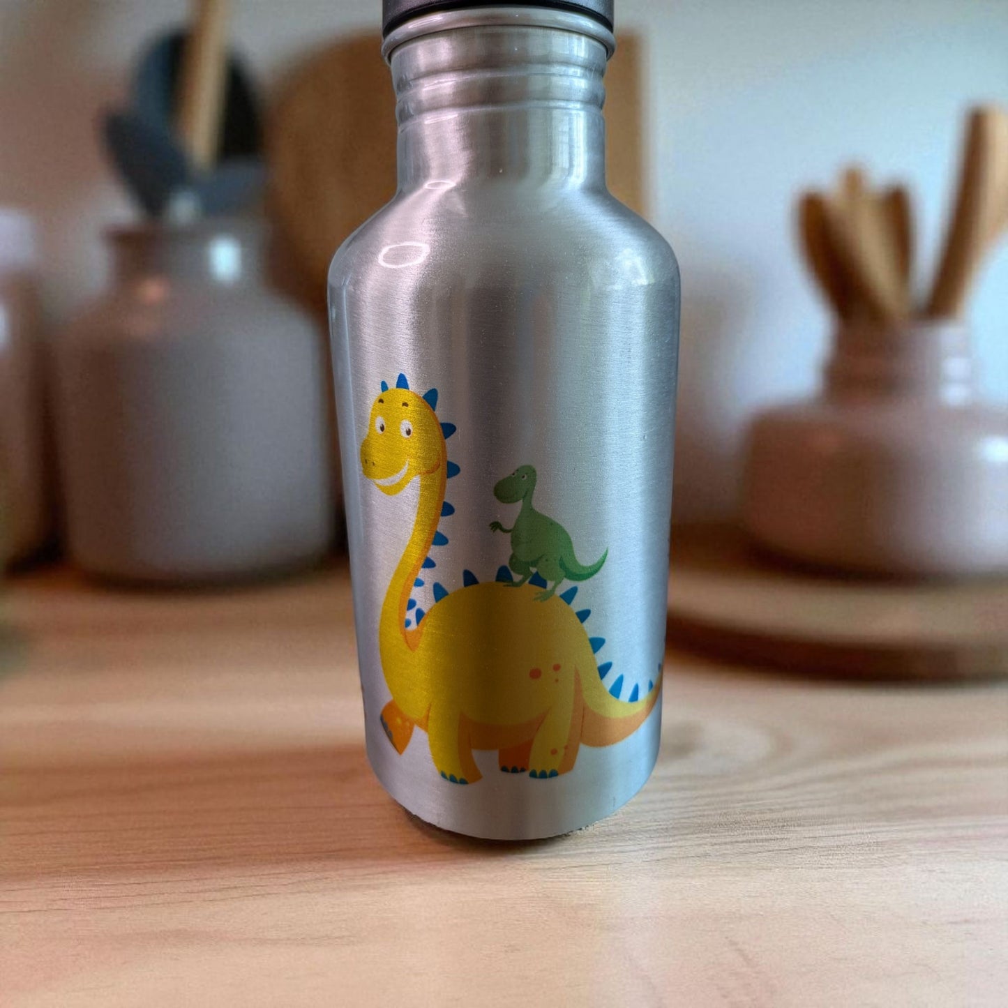 Aluminium-Trinkflasche mit Dino-Motiv – Spülmaschinenfest & Handgemacht